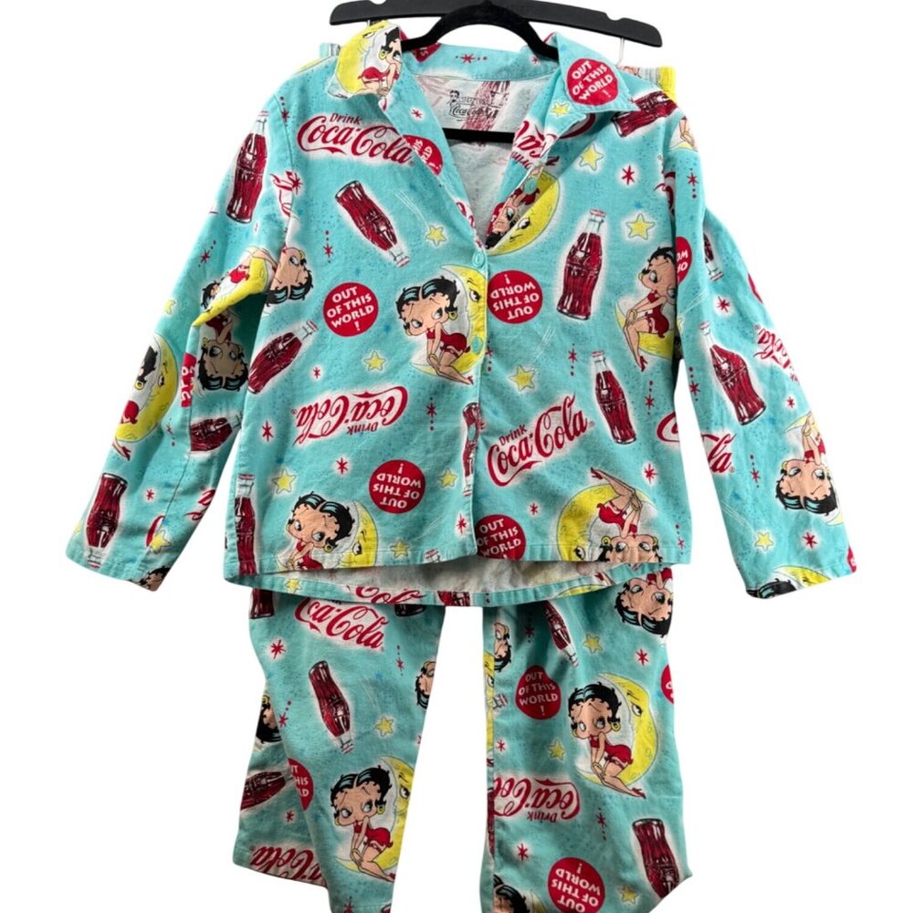 Betty Boop Coca-Cola Pajama Set 2-Piece Button-Up Lounge Wear Size Large